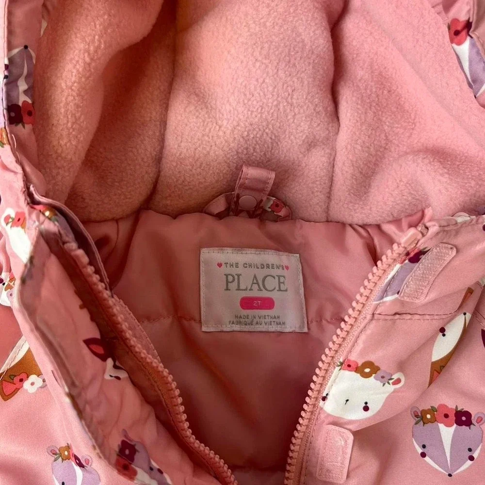 The Childrens Place Toddler Girls Pink Woodland Animal Puffer Jacket 2T Hooded